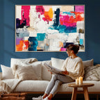 Blue Teal Abstract Canvas Wall Art, Modern Brushstroke Style Print, Navy Orange Contemporary Decor