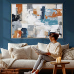 Blue Teal Abstract Canvas Wall Art, Modern Brushstroke Style Print, Navy Orange Contemporary Decor