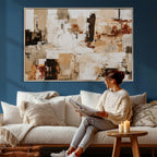 Blue Teal Abstract Canvas Wall Art, Modern Brushstroke Style Print, Navy Orange Contemporary Decor