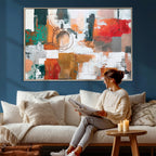 Blue Teal Abstract Canvas Wall Art, Modern Brushstroke Style Print, Navy Orange Contemporary Decor