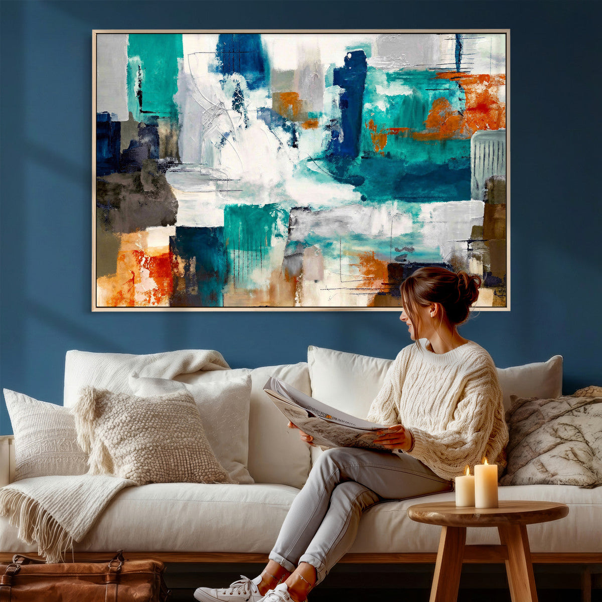 Blue Teal Abstract Canvas Wall Art, Modern Brushstroke Style Print, Navy Orange Contemporary Decor