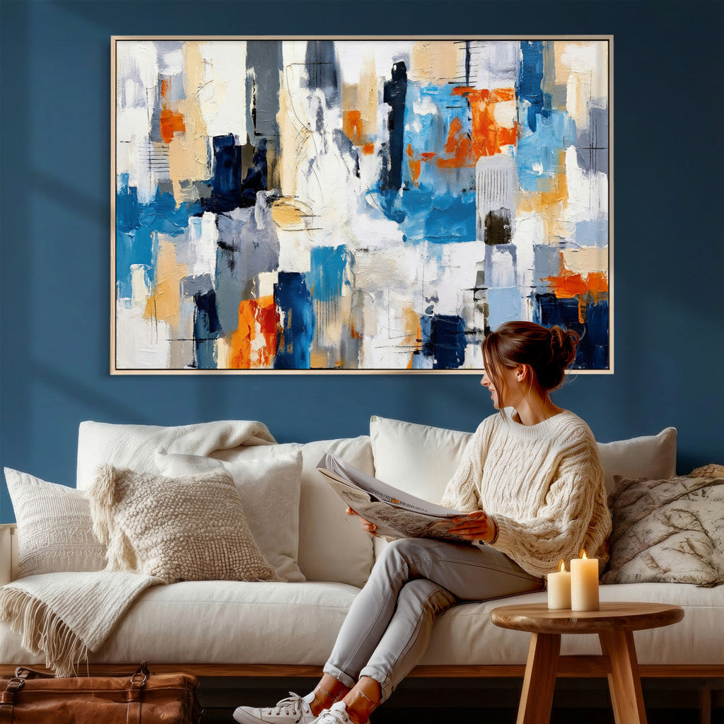 Blue Teal Abstract Canvas Wall Art, Modern Brushstroke Style Painting Print, Navy Orange Contemporary Decor