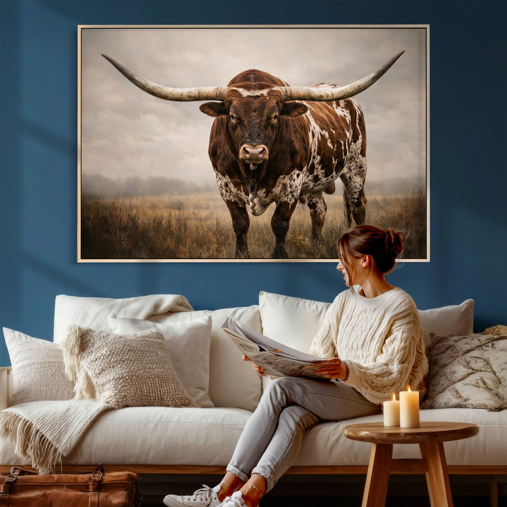 Texas Longhorn Wall Art Canvas Print | Brown Horned Bull Rustic Western Decor