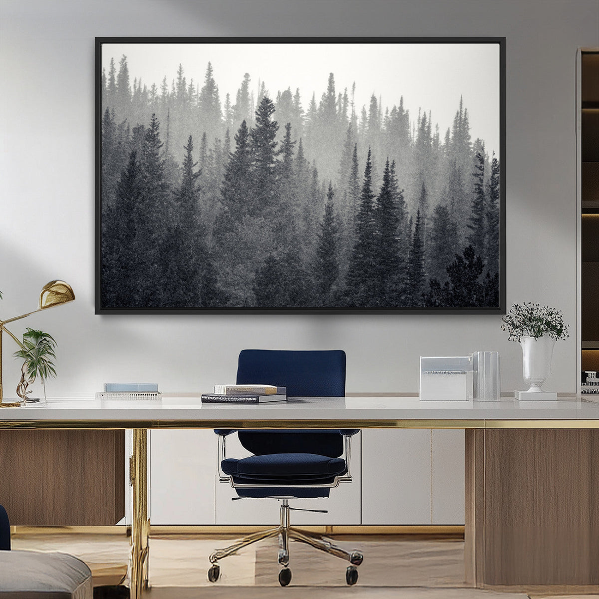 Misty Forest Canvas Wall Art | Monochrome Triptych Pine Tree Print