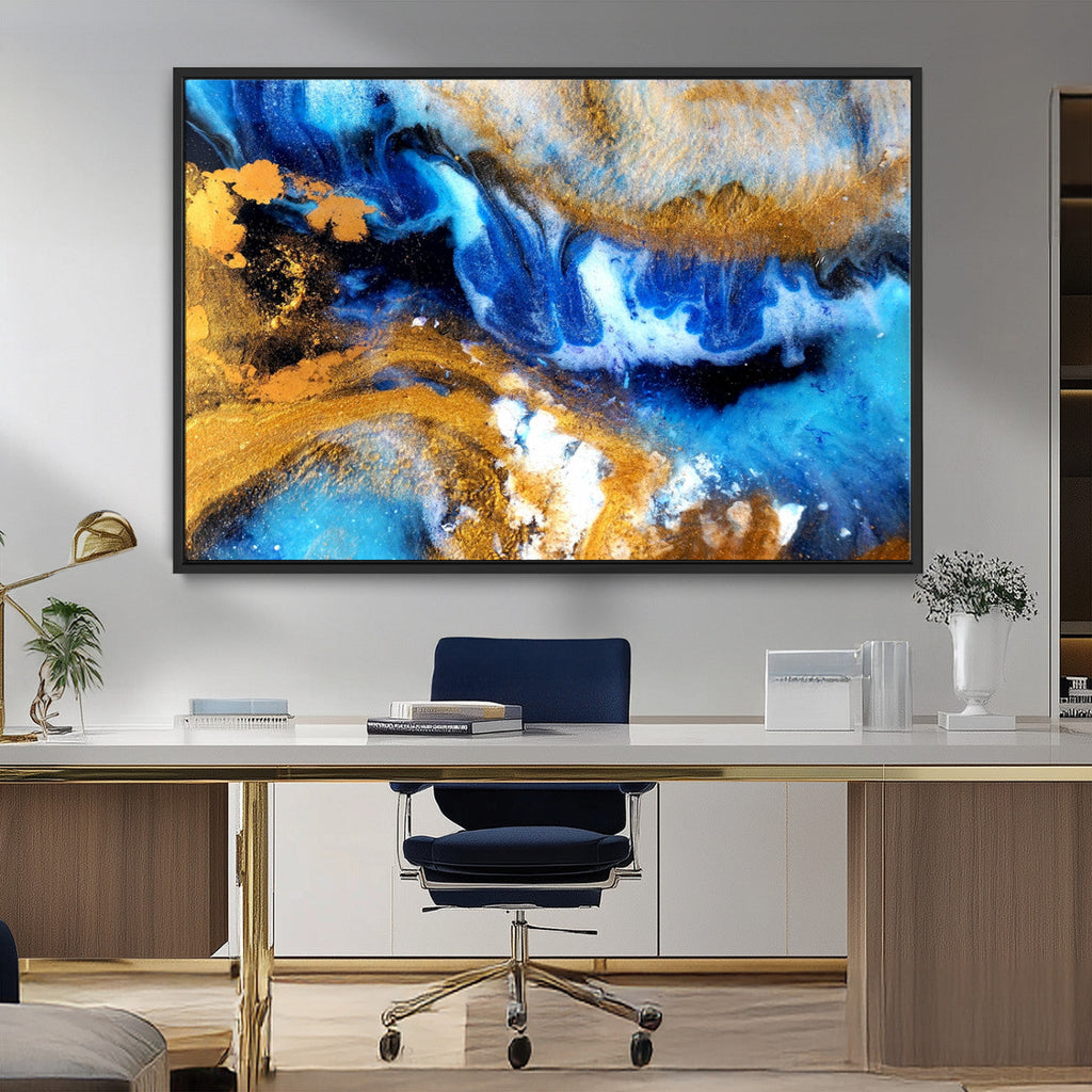 Blue Orange Marble Fluid Effect Canvas Wall Art Print