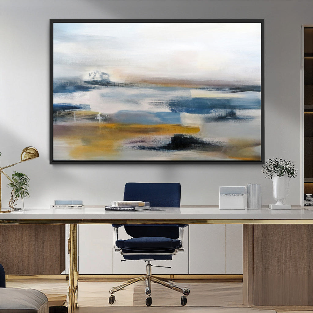 Abstract Landscape Wall Art Canvas | 3 Panel Modern Blue, Gold and White Canvas Art