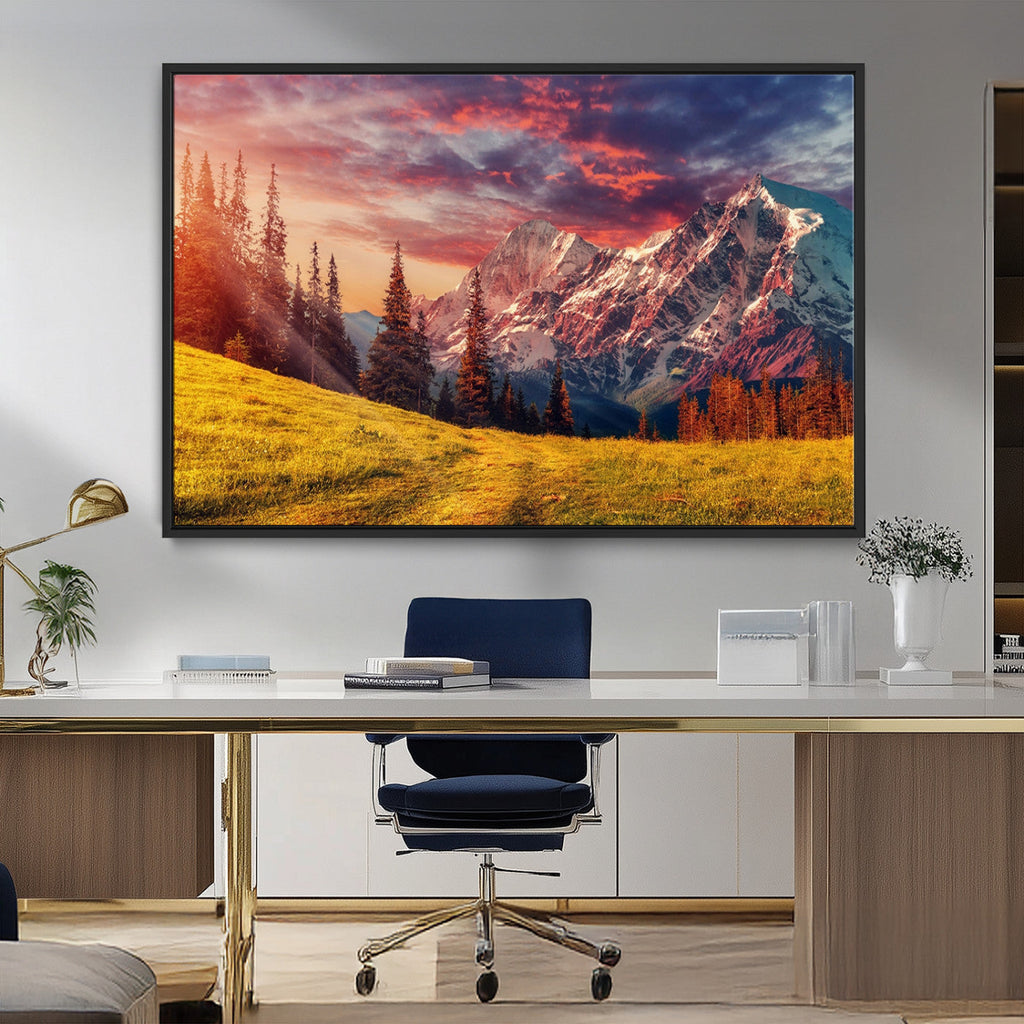 Mountain and Daylight Red Sunset Wall Art Canvas Print