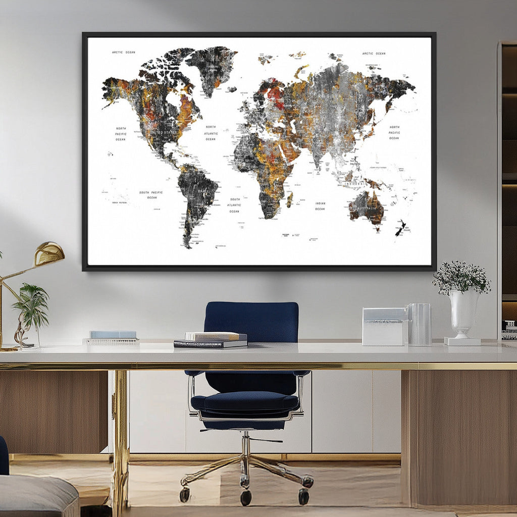 Modern Metallic World Map Canvas Wall Art | Framed Contemporary World Map Print
