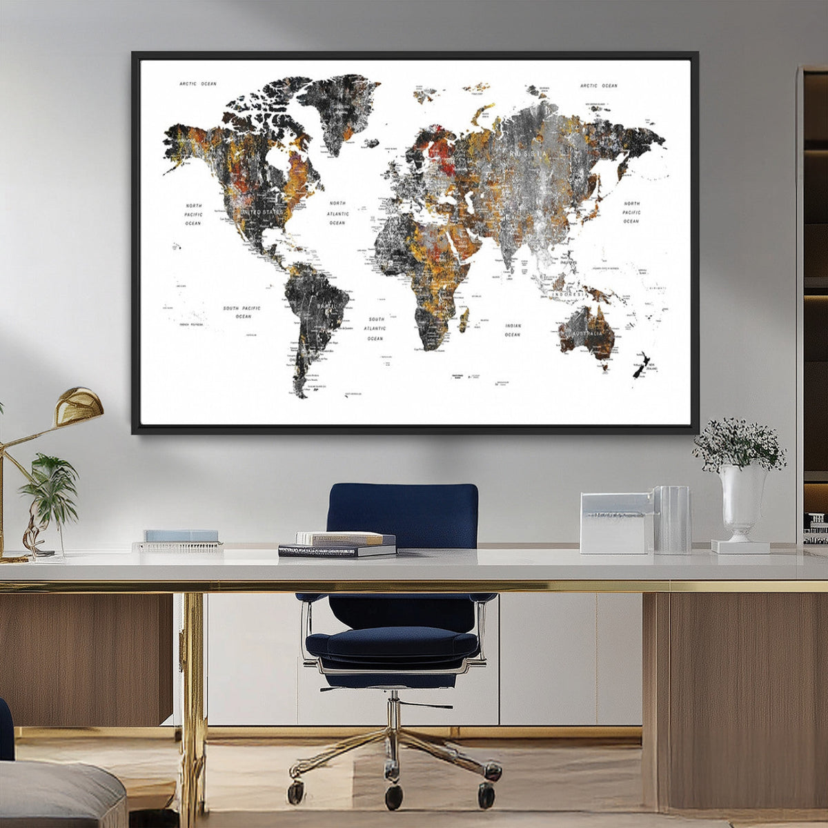 Modern Metallic World Map Canvas Wall Art | Framed Contemporary World Map Print