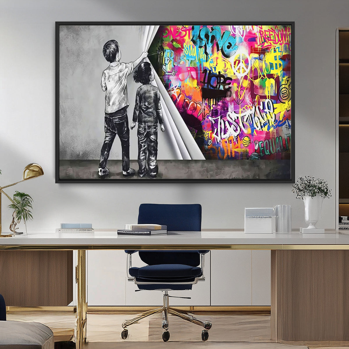 Banksy Print, Street Art Canvas Wall Art, Kids Revealing Graffiti, Urban Modern Decor