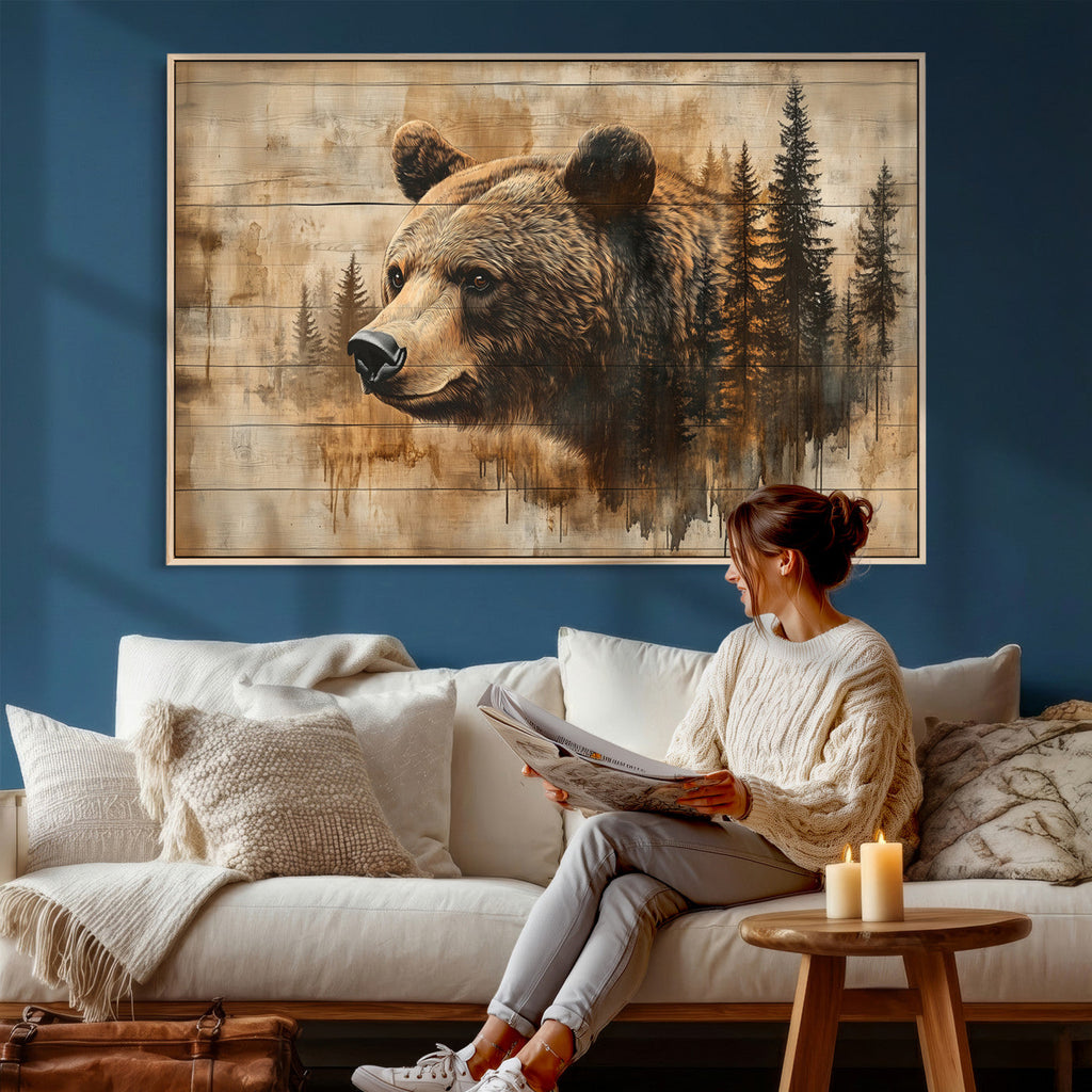Rustic Grizzly Bear Wall Art, Abstract Grizzly 399 Bear Canvas Print, Woodland Wildlife