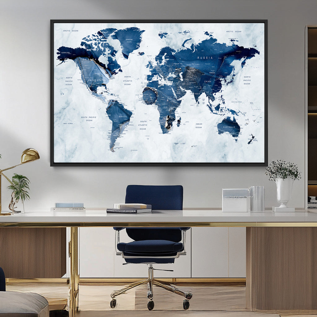 Modern Blue World Map Canvas Print | Elegant Travel Map Wall Art for Home Office