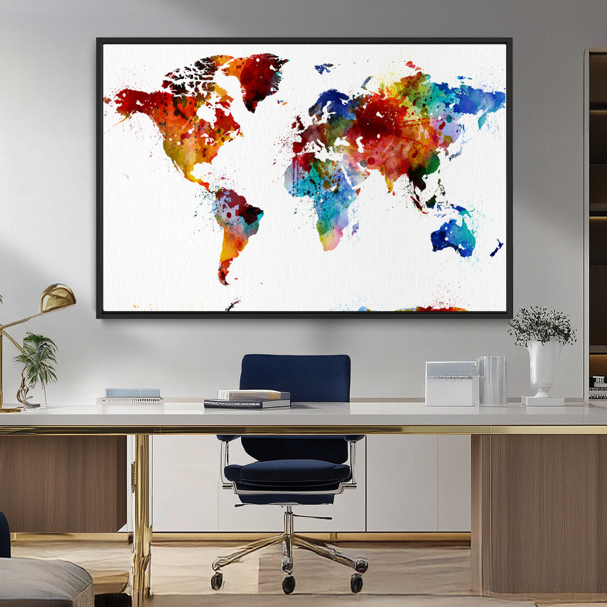 Colorful World Map Canvas Wall Art Print, Contemporary Global Map Artwork