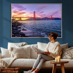 Golden Gate Bridge Wall Art Canvas Print, Framed San Francisco Sunset Landmark