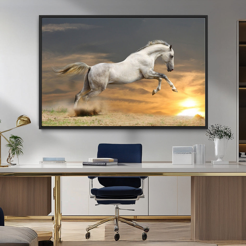 Large Wall Art Canvas Print, White Jumping Horse at Sunset