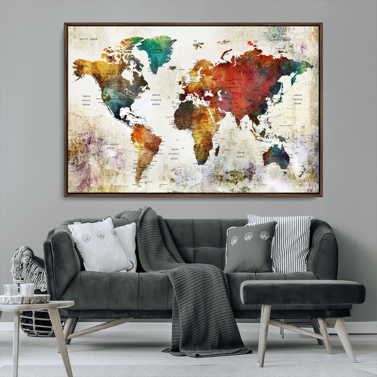 Watercolor World Map Canvas Print | Framed Travel Map Wall Art for Couples