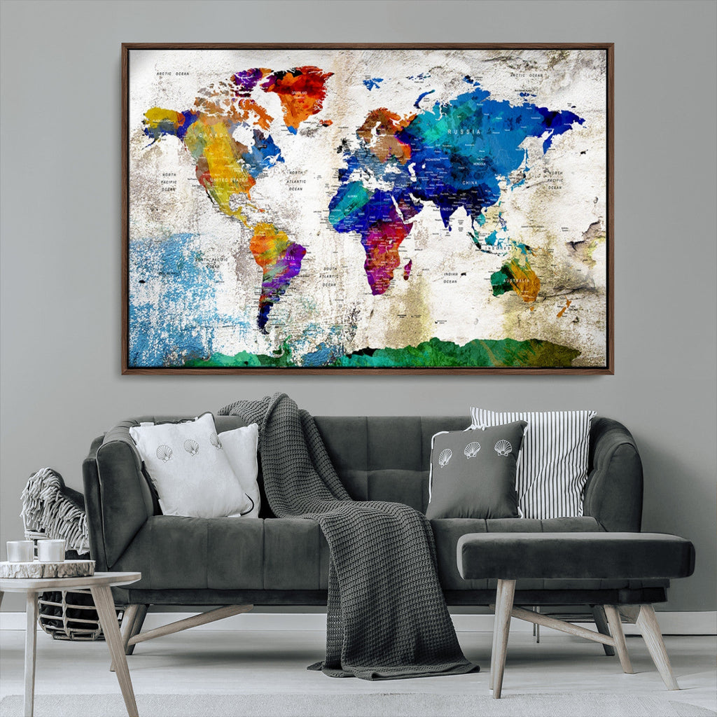 Navy Blue and Orange Watercolor World Map Canvas Print | Framed Travel Map