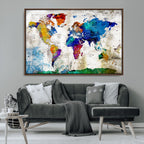 Navy Blue and Orange Watercolor World Map Canvas Print | Framed Travel Map