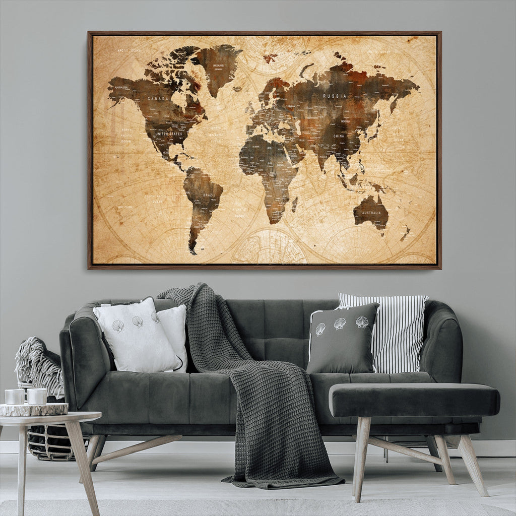 Push Pin World Map Canvas Print | Framed Travel Tracker Wall Art