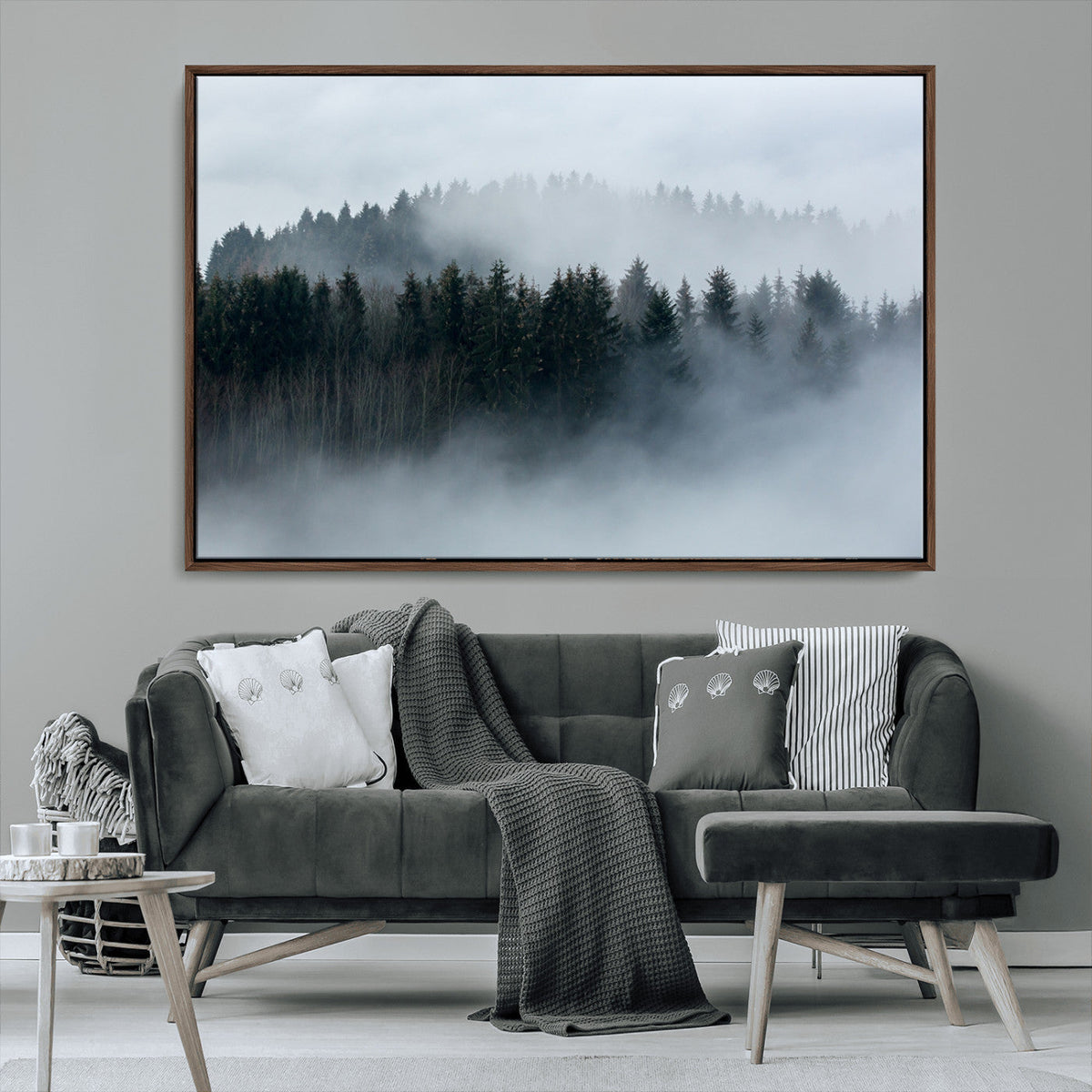 Autumn and Misty Trees in the Forest Wall Art Canvas Print, Foggy Forest Mountain Wall Art