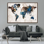 Abstract Earth Tone Blue World Map Canvas Print | Framed Travel Map Wall Art