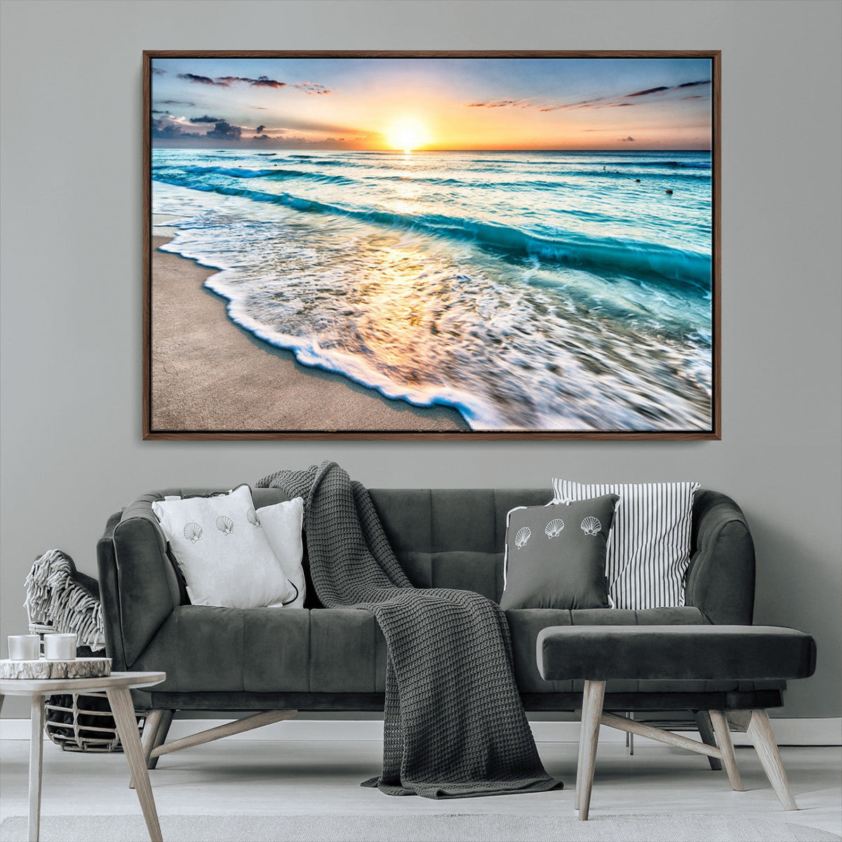 Sunset Beach Waves Canvas Wall Art | Ocean Sunset Coastal Print
