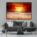Red Sunset Ocean Beach Canvas Wall Art, Coastal Sunset Print