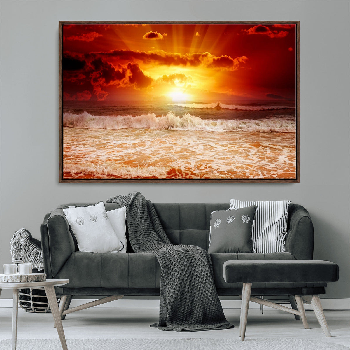 Red Sunset Ocean Beach Canvas Wall Art, Coastal Sunset Print
