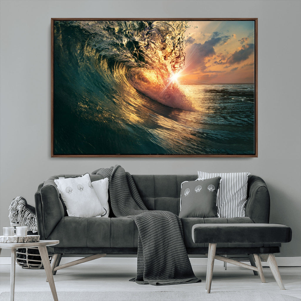 Ocean Wave Sunset Canvas Wall Art | Triptych Seascape Print
