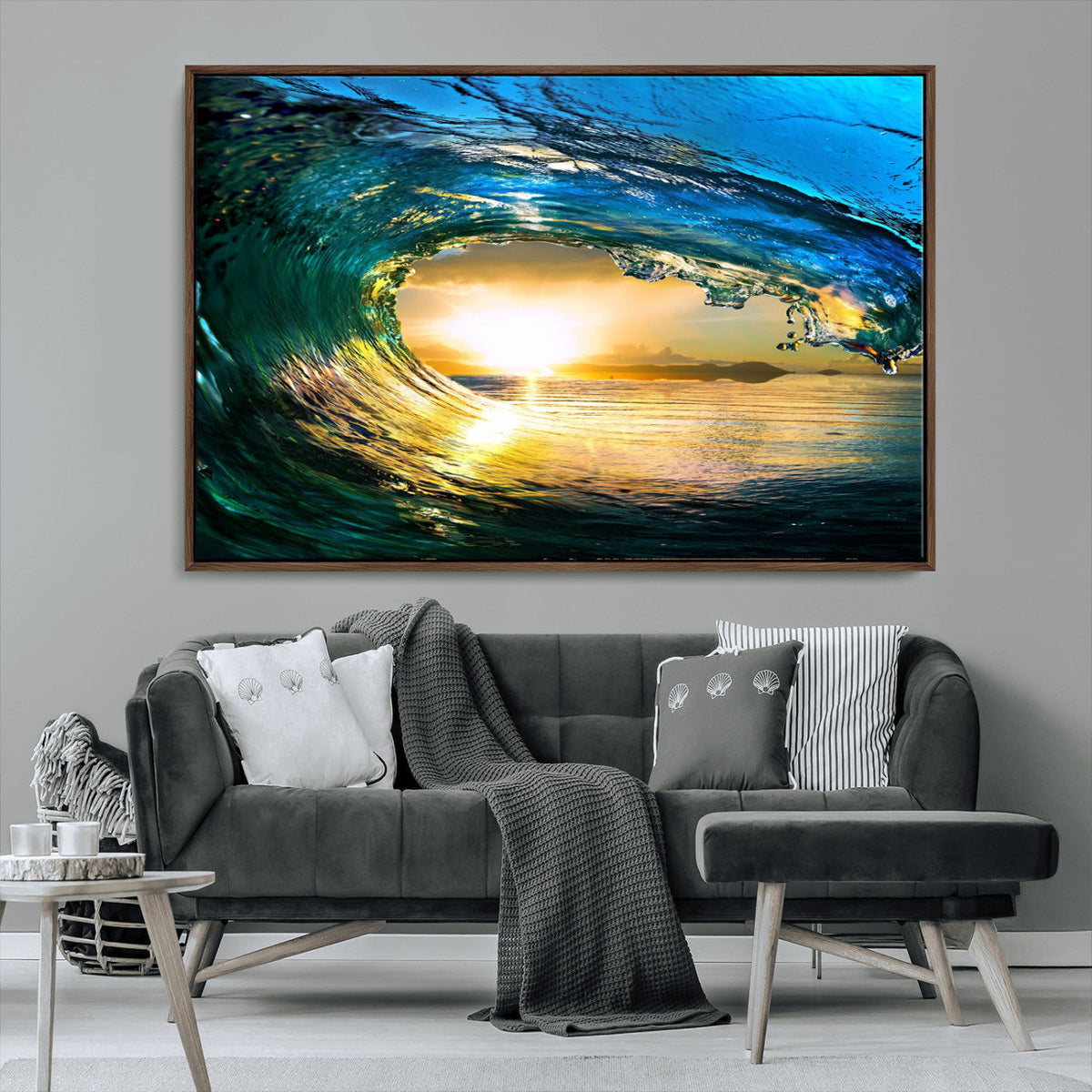 Ocean Wave at Sunset Canvas Art, Large Wall Print of Vibrant Surfing Wave