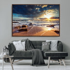 Golden Hour Beach Sunset Canvas Triptych, Ocean Waves and Rocks Wall Art
