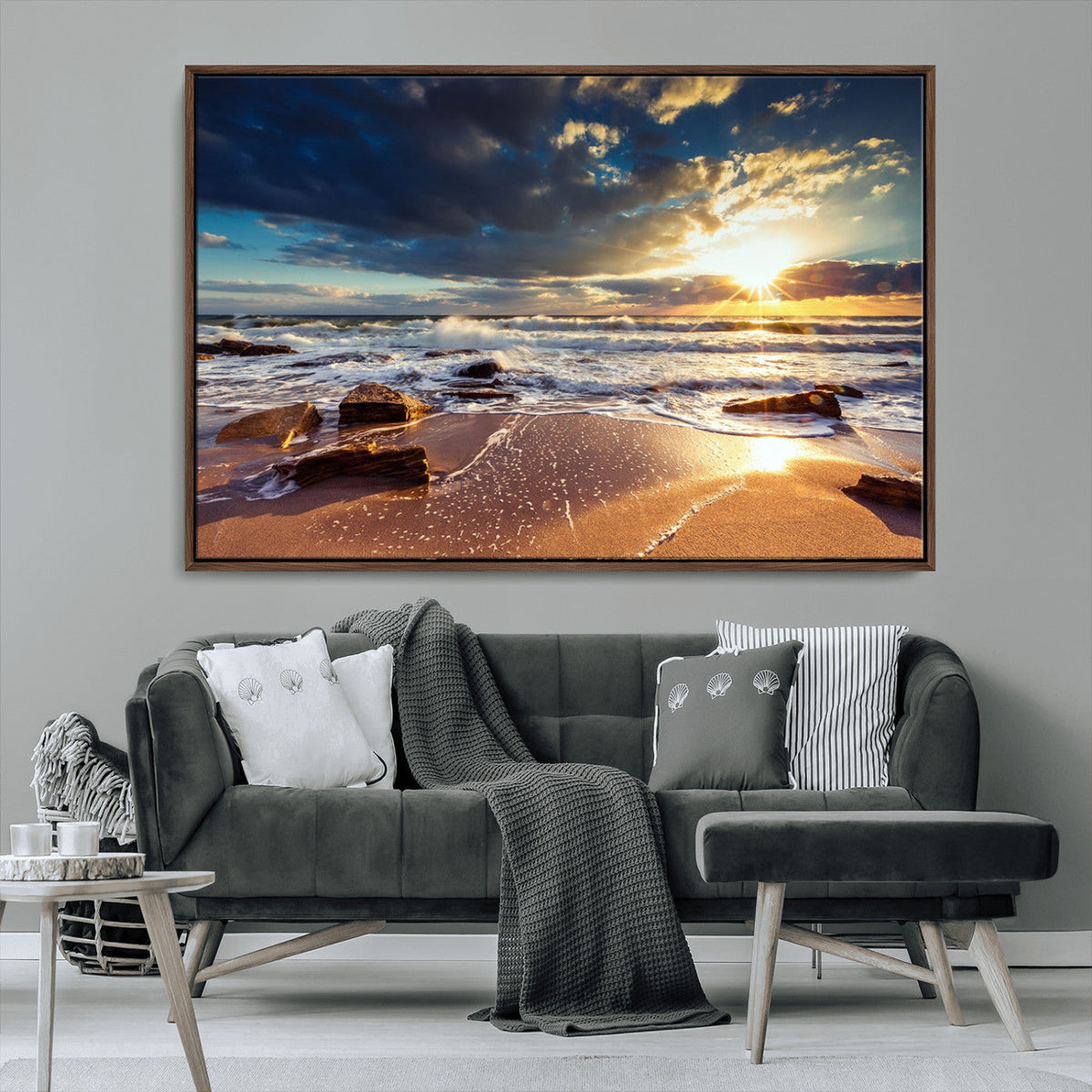 Golden Hour Beach Sunset Canvas Triptych, Ocean Waves and Rocks Wall Art
