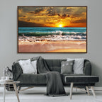 Golden Sunset Beach Canvas Wall Art | Triptych Seascape Print, Framed and Ready to Hang