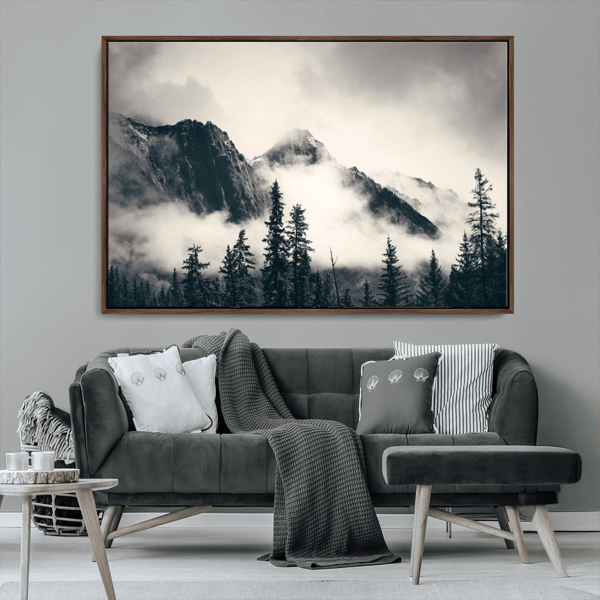 Forest Mountain Print | Black and White Canvas Wall Art with Misty Forest Design