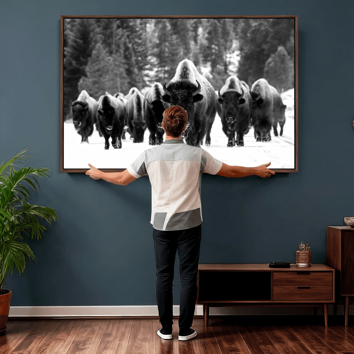 Bison Herd in Snow Wall Art Canvas Print | Rustic Western Bison Wall Art for Living Room and Farmhouse Decor