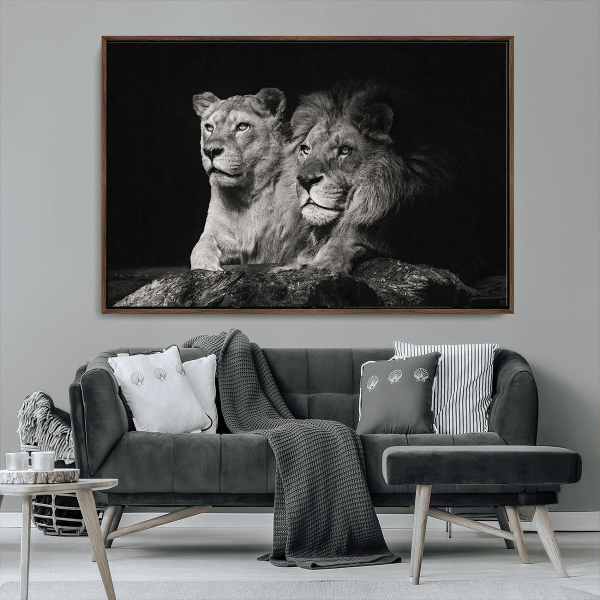Lion Couple Wall Art Canvas Print, Elegant Black and White Wildlife Portrait