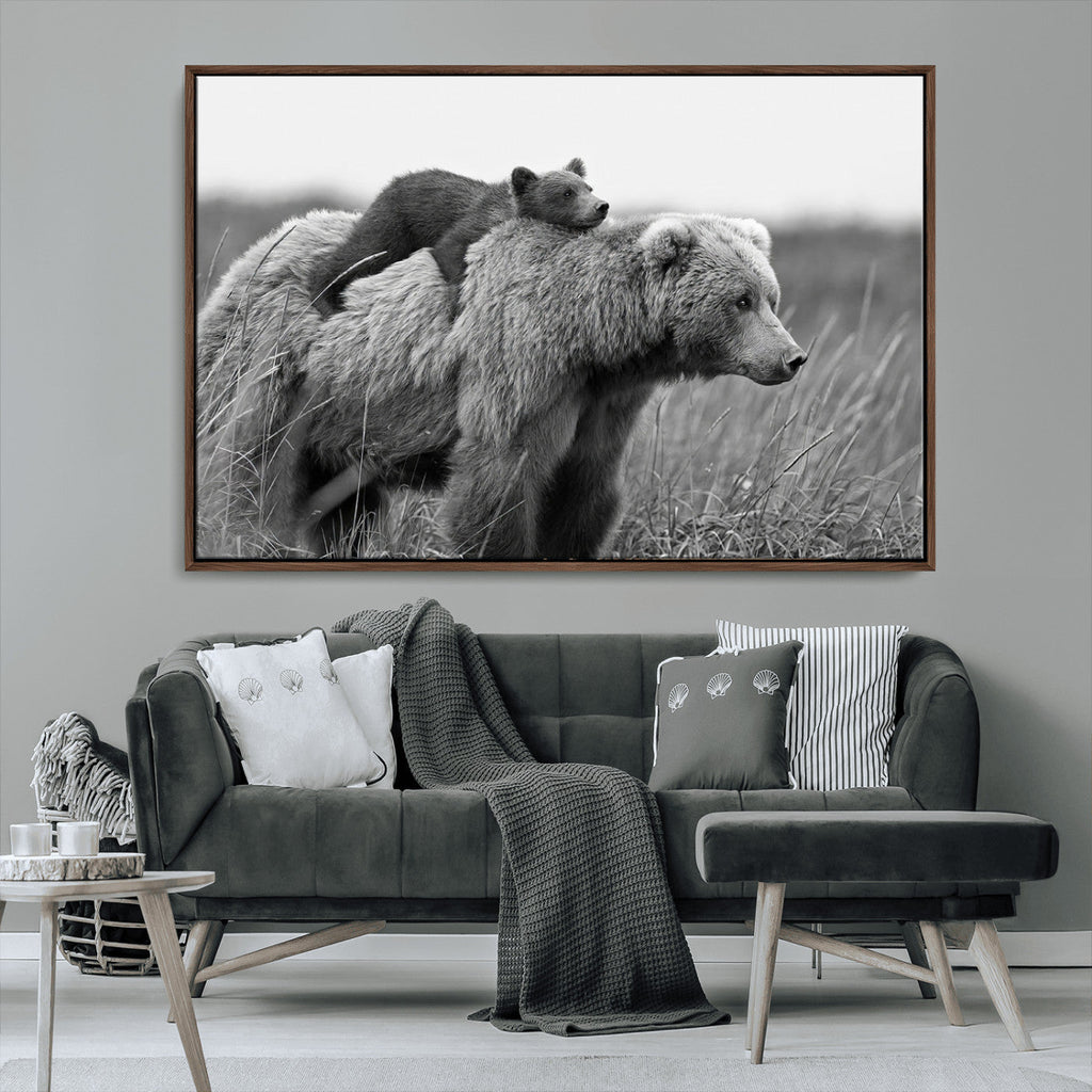 Bear and Cub Wall Art Canvas | Grizzly 399 Bear and Cub Black and White Wildlife Print