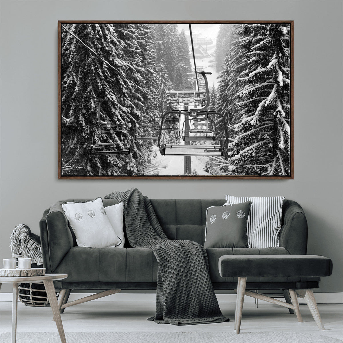 Winter Ski Lift Black and White Canvas Wall Art | Alpine Escape in Minimalist Style
