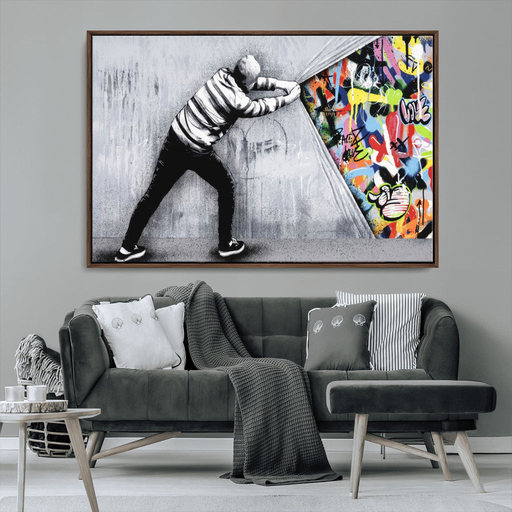 Banksy Art Behind the Curtain Street Wall Art Canvas Print | Urban Graffiti Style Wall Decor