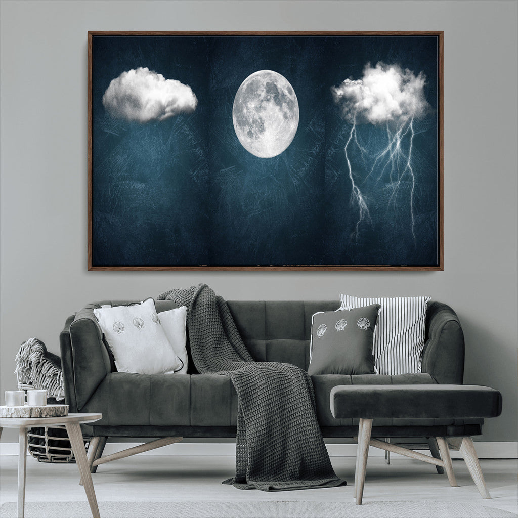 3 Piece Indigo Cloud Wall Art, Thunderstorm Moon Cloud Artwork