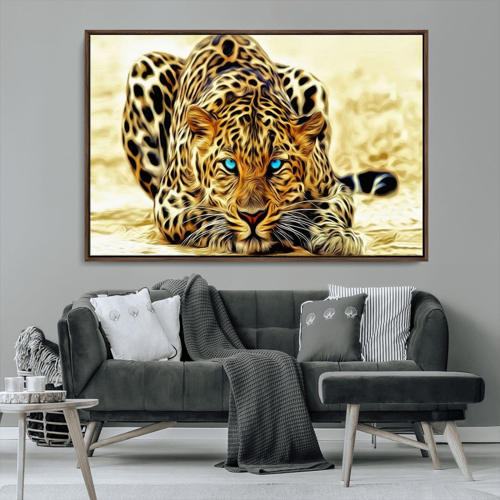 Blue-Eyed Leopard Canvas Wall Art, Framed Animal Print, Fierce and Bold Decor for Living Rooms