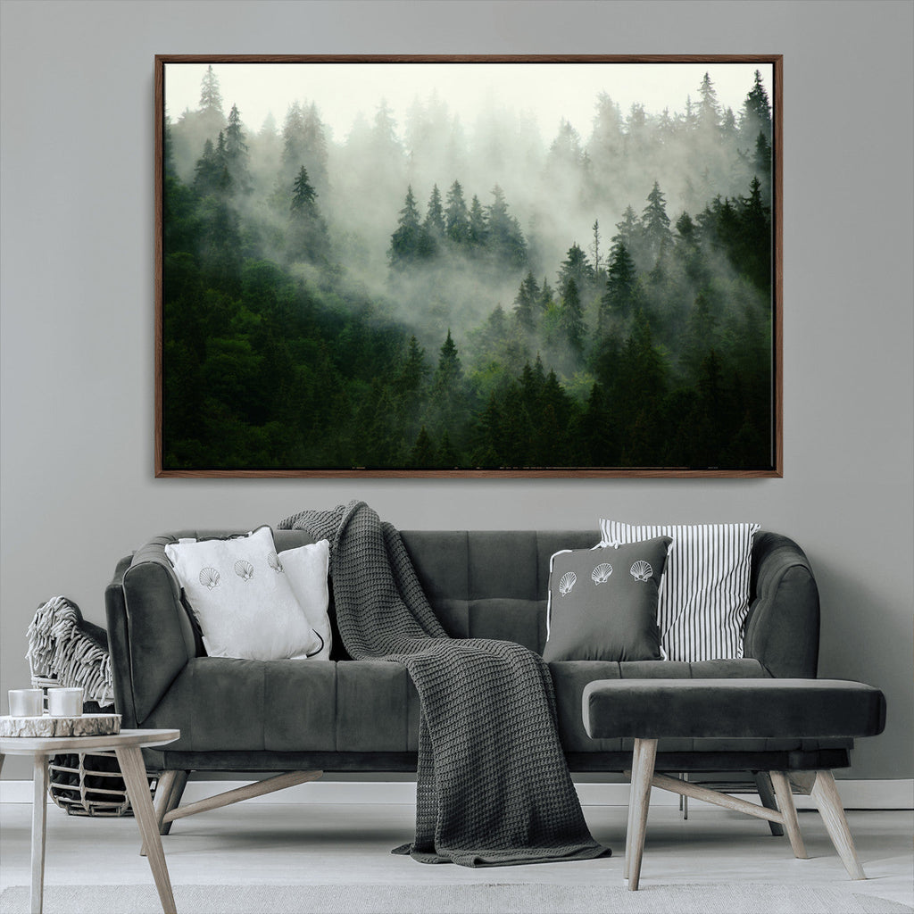 Misty Forest Wall Art | Tranquil Green Woodland Canvas Print