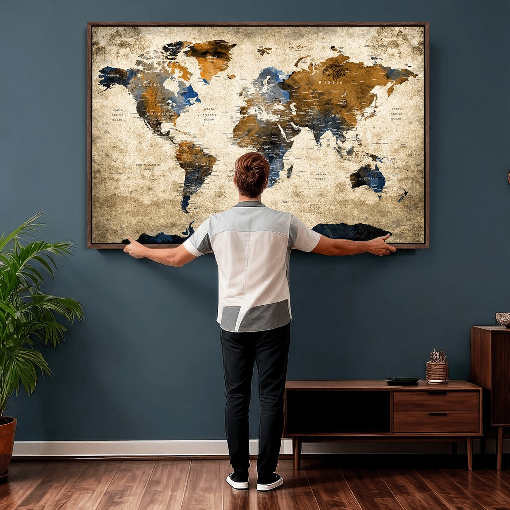 World Map Wall Art | Antique Style Blue and Brown Map Canvas Print