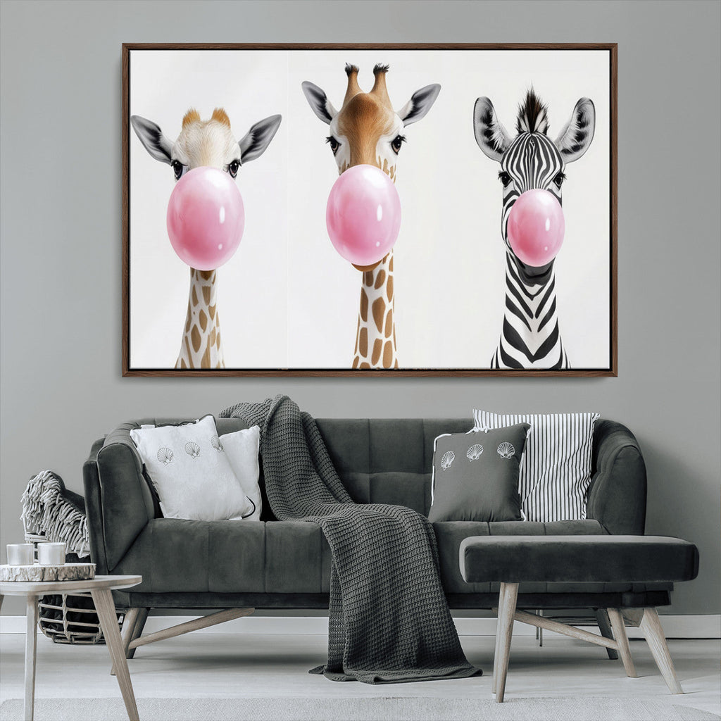 Bubblegum Animals Canvas Wall Art, Playful Giraffe and Zebra Trio, Whimsical Nursery and Kids Room Decor