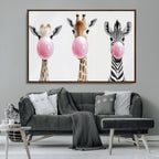 Bubblegum Animals Canvas Wall Art, Playful Giraffe and Zebra Trio, Whimsical Nursery and Kids Room Decor