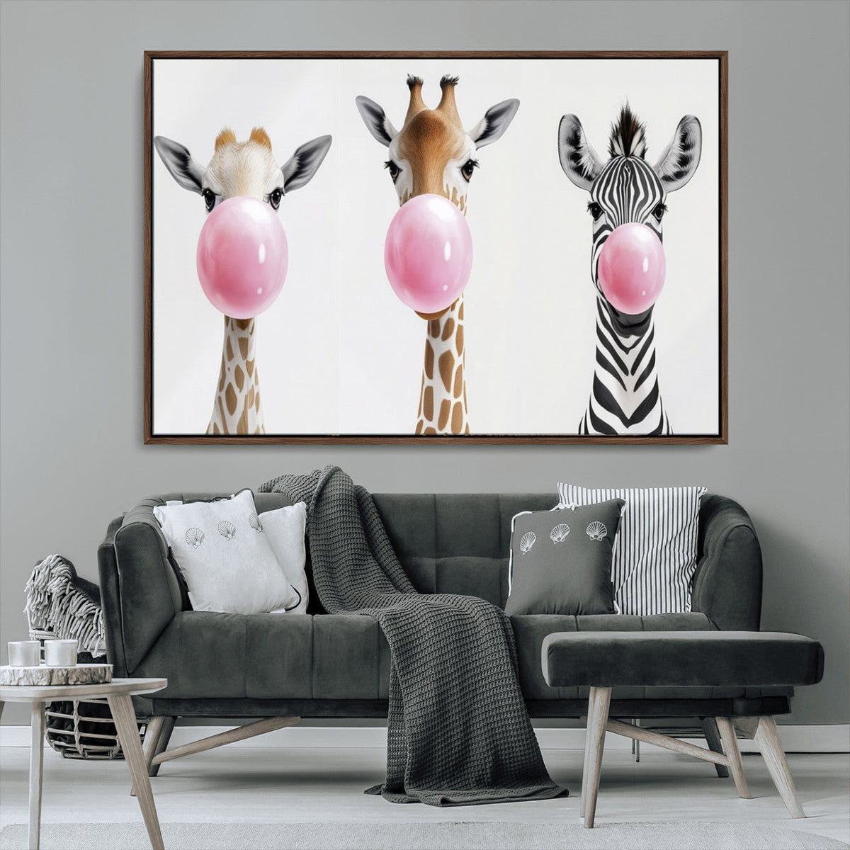 Bubblegum Animals Canvas Wall Art, Playful Giraffe and Zebra Trio, Whimsical Nursery and Kids Room Decor