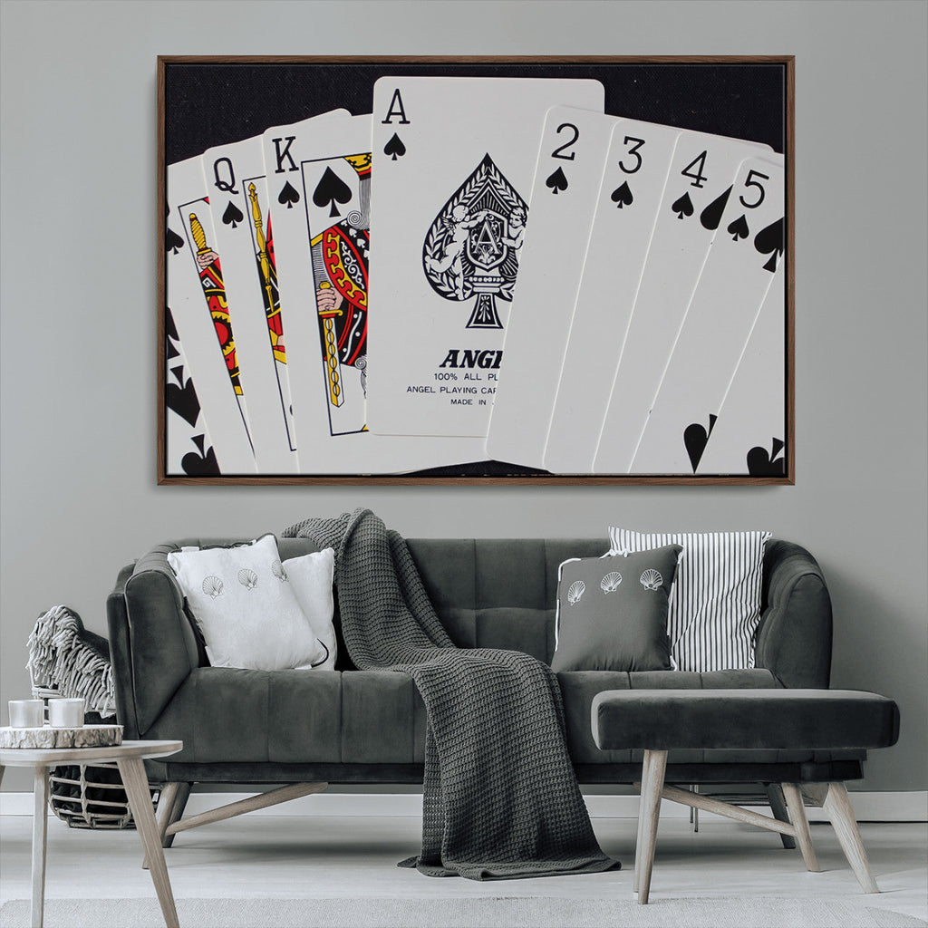 Poker Wall Art - Playing Cards Canvas Wall Art Print - Ace of Spades and Royal Flush Design
