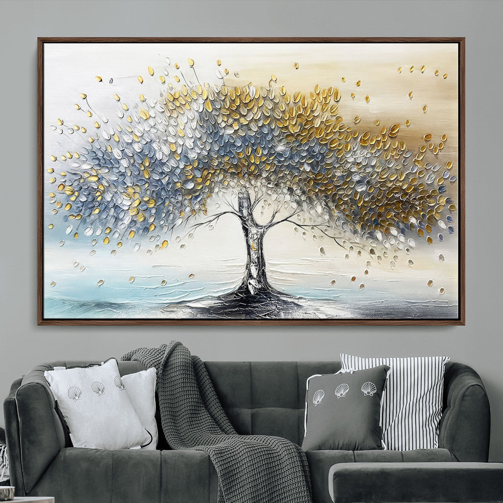 Golden and Silver Tree Wall Art | Framed Elegant Leaves Canvas