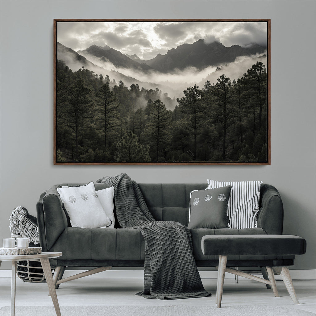Moody Forest Wall Art | Framed Mountain Fog Canvas Artwork