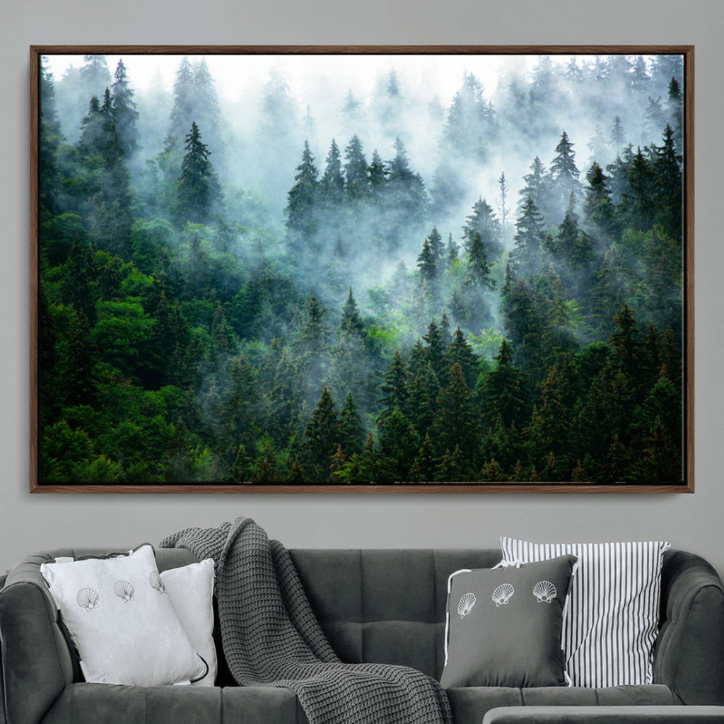 Misty Forest Wall Art Canvas Print, Framed Foggy Mountain Art, Large Scenic Woodland Canvas